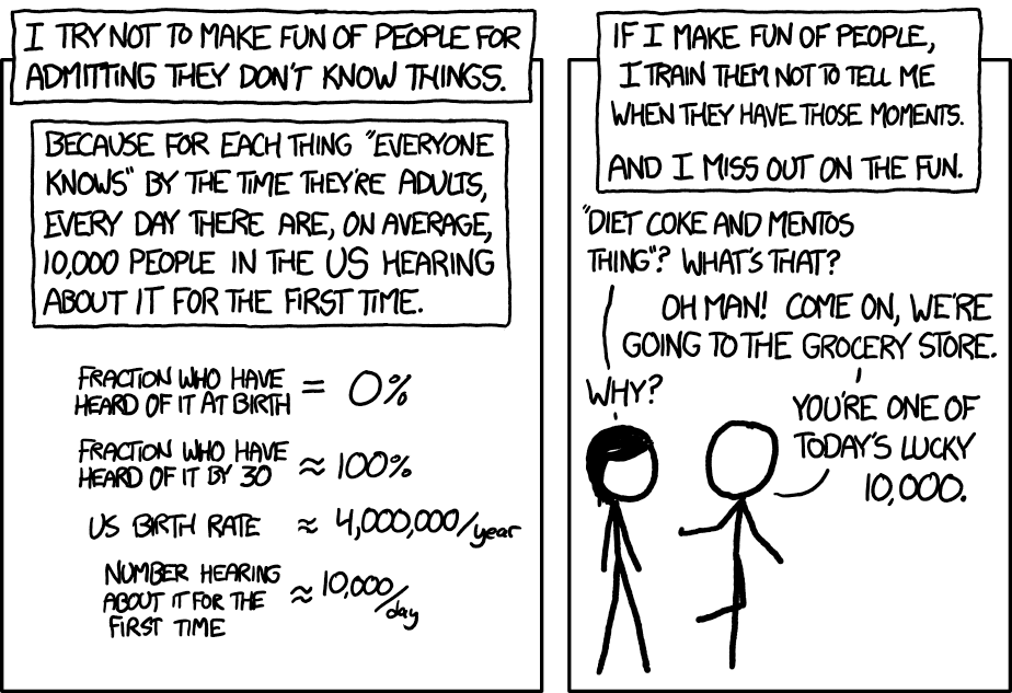 xkcd comic: I try not to make fun of people for admitting they don't know something that 'everyone knows'. Does math, to estimate that the # of people in the US who are hearing a fun fact for the first time is 10,000 da day. If you don't know something, "you're one of today's lucky 10,000."