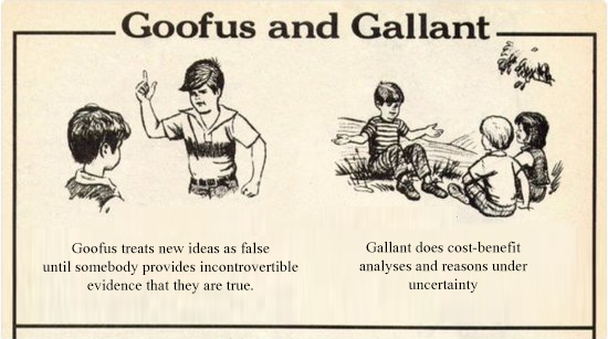 Parody of the "Goofus & Gallant" cartoons. Goofus treats new ideas as false until somebody presents incontrovertible evidence. Gallant does cost-benefit analysis & reasons under uncertainty.