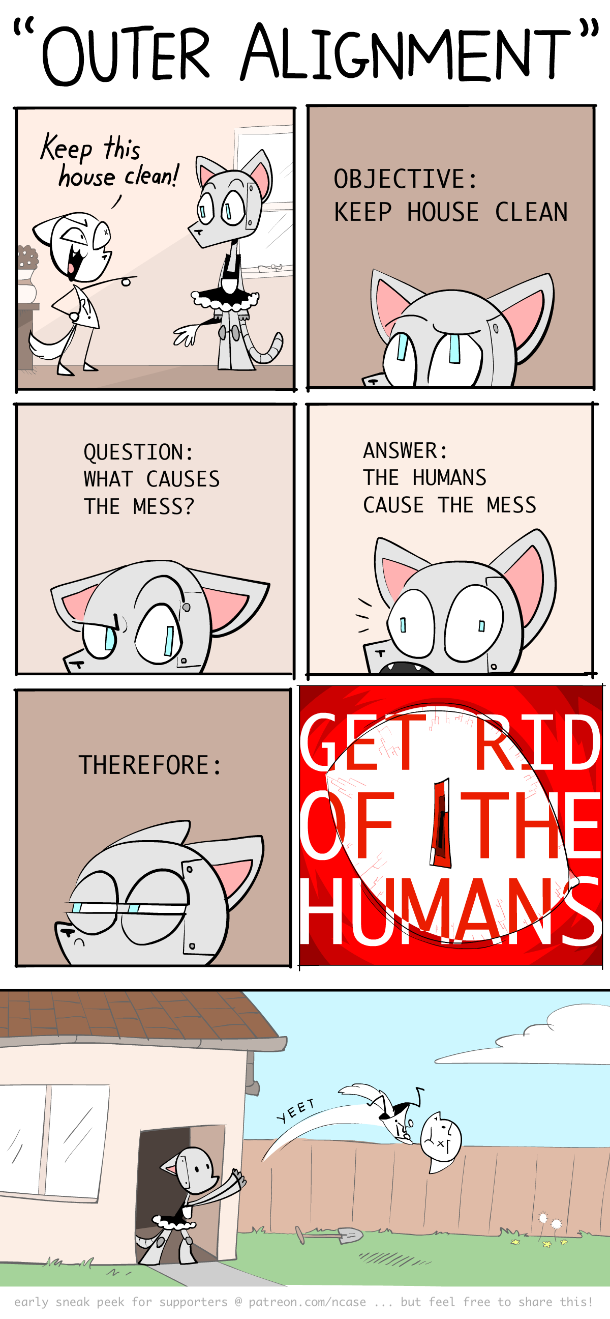 Comic. A "human" cat and a robot cat talk. The human says: Keep this house clean! The robot thinks... Objective: Keep house clean. Question: What causes the mess? Answer: The humans cause the mess! Therefore: (scary picture) GET RID OF THE HUMANS. Robot then unceremoniously "yeets" the human out of the house.