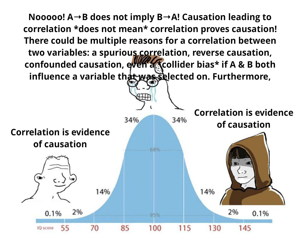 A "midwit" meme. The dummy says "correlation is evidence of causation". The mid-wit replies with a long, dense paragraph explaining why it's not. The sage says "correlation is evidence of causation".