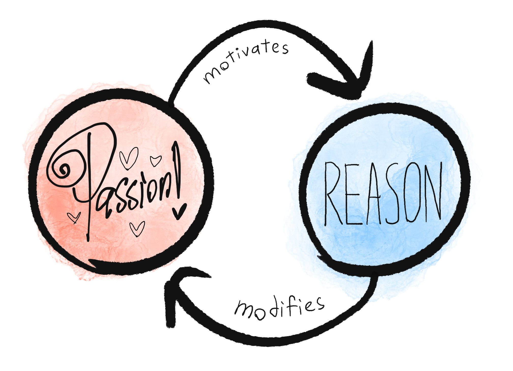 Feedback loop diagram: Passion motivates Reason, Reason modifies Passion.