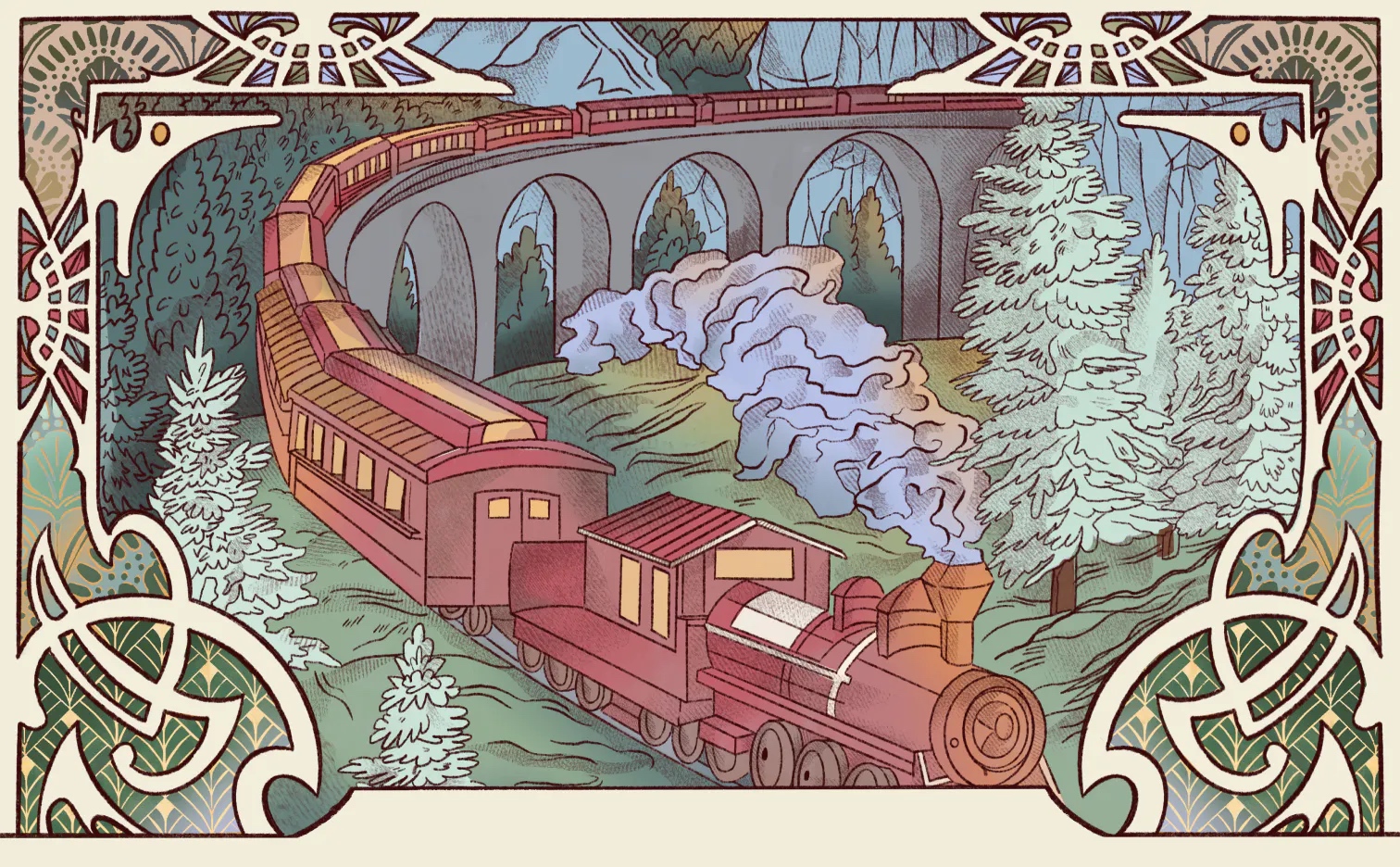 Old-timey drawing of a train going through a forest