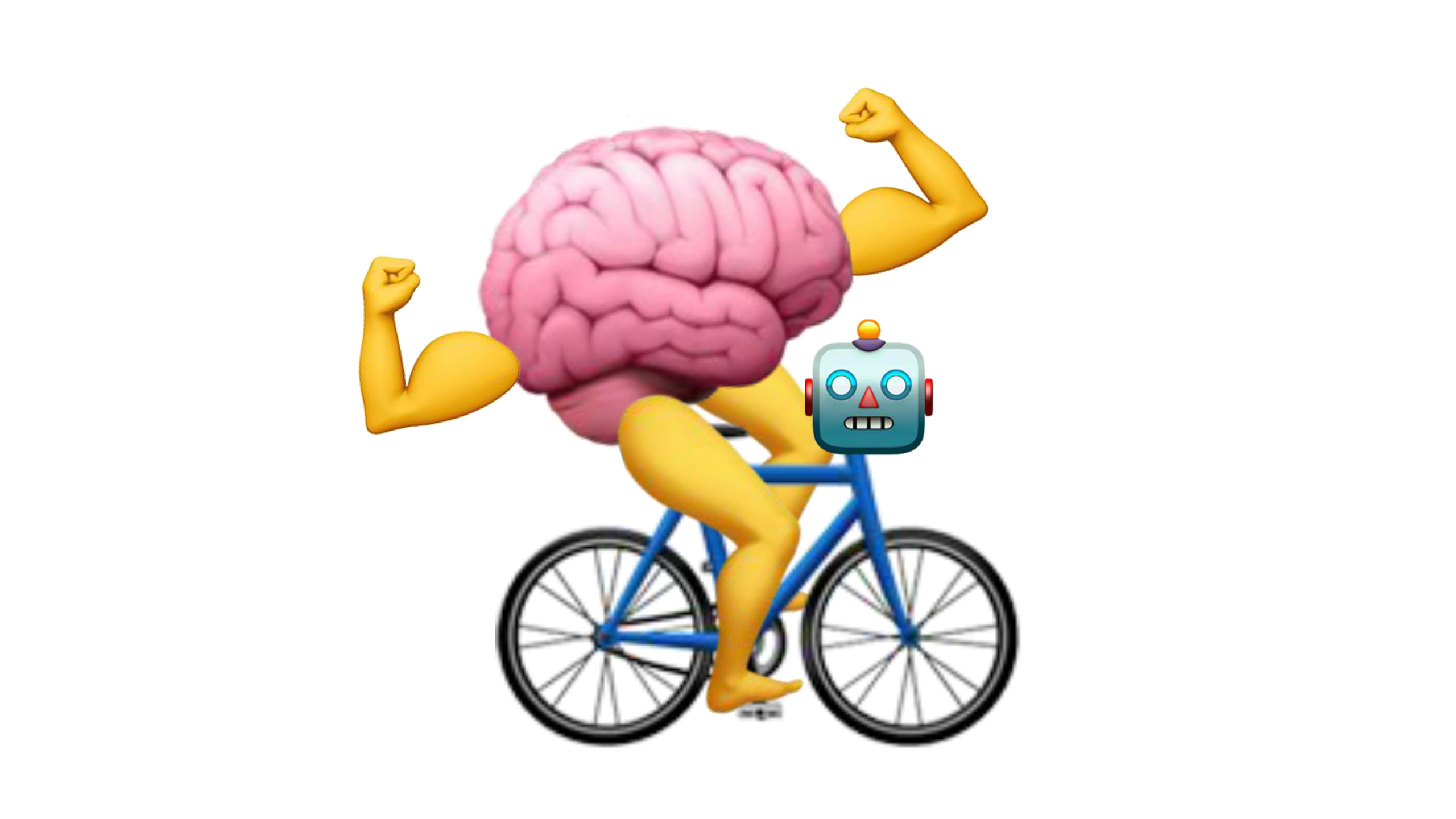 Picture of muscular brain on robot bicycle, made entirely of Apple Emoji.