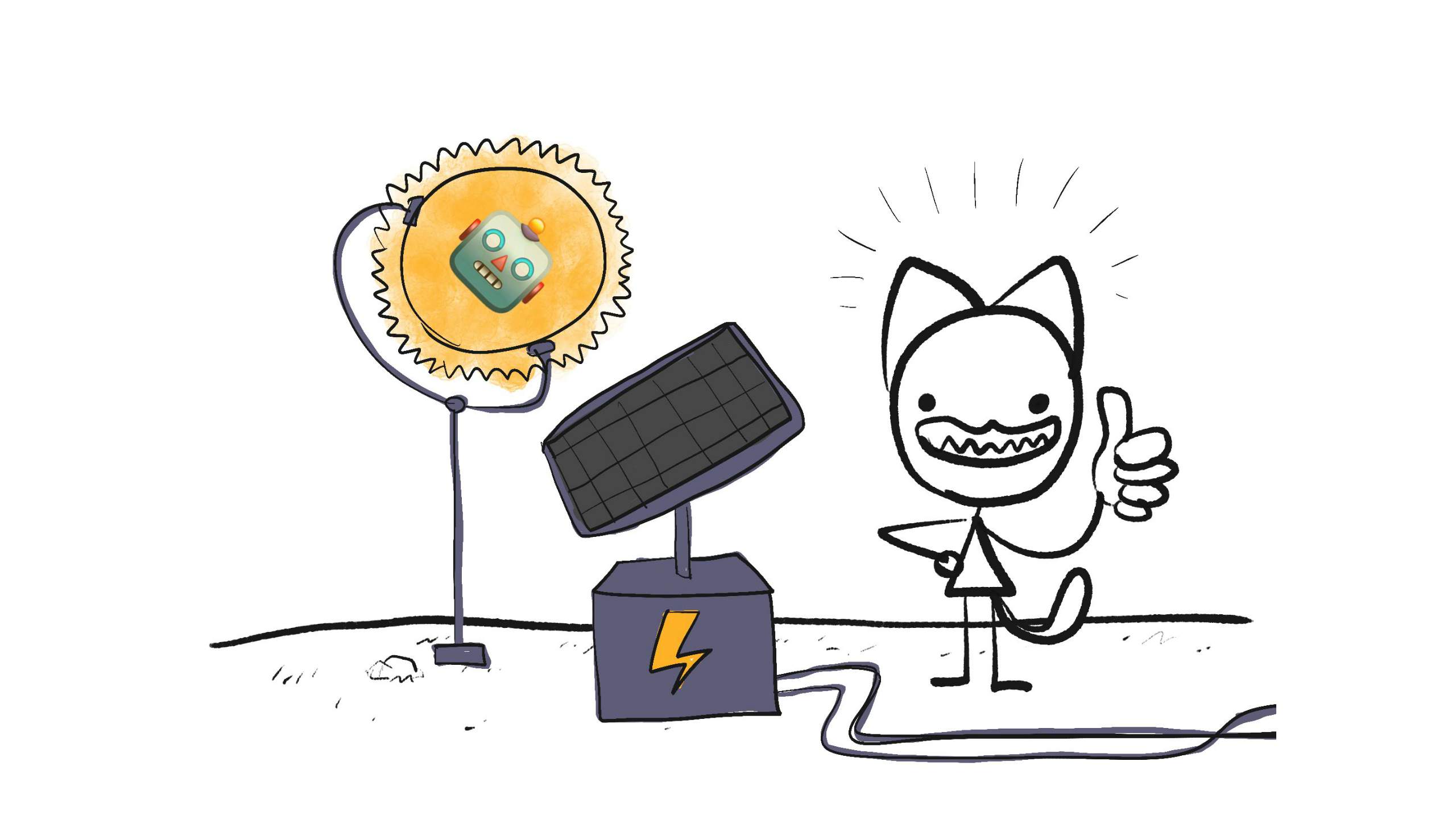 Cat-person capturing & shrinking the Robot Sun, for safe solar power use.