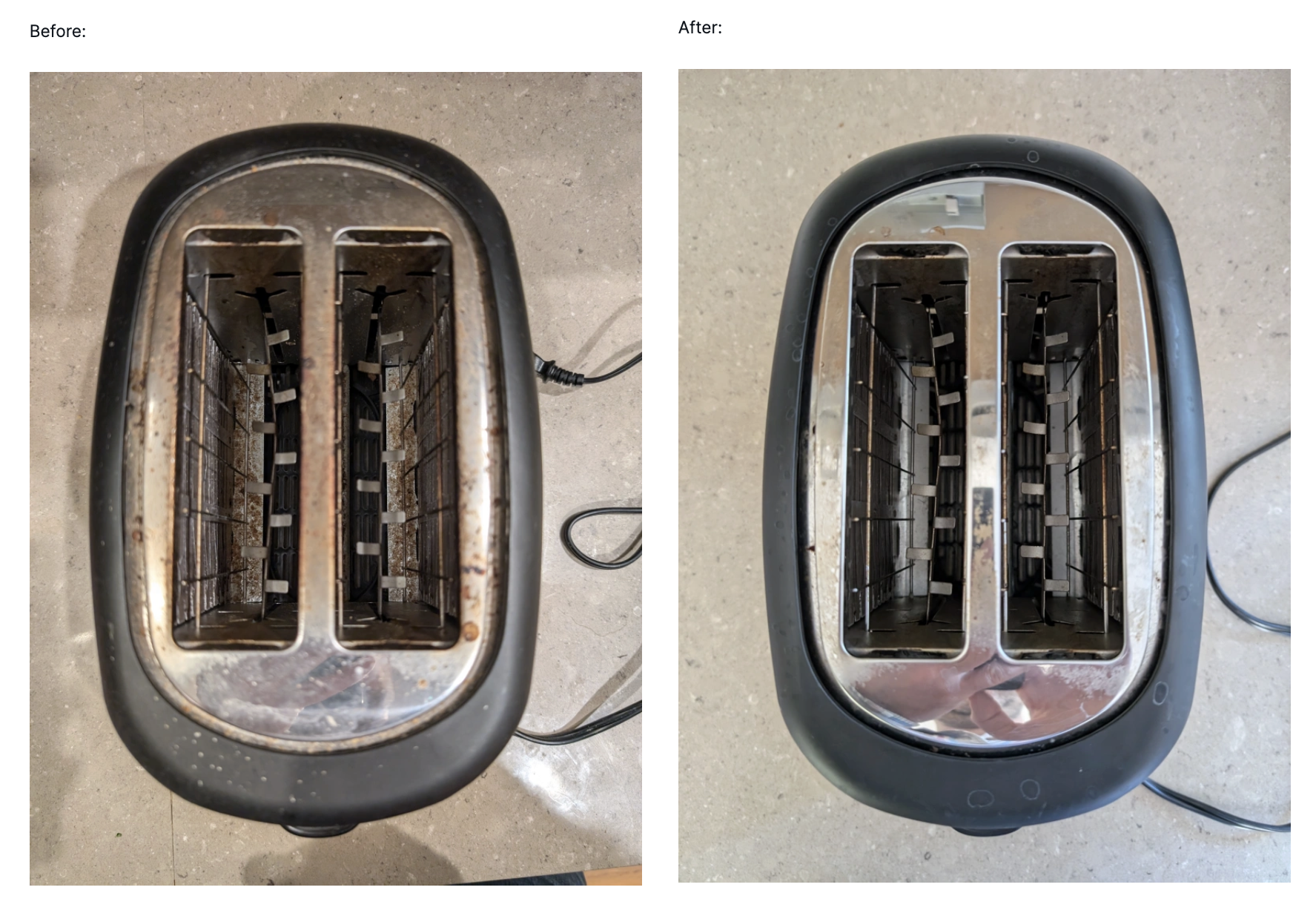 Before & after photos of putting a toaster in a dishwasher; it's much cleaner, and still works!