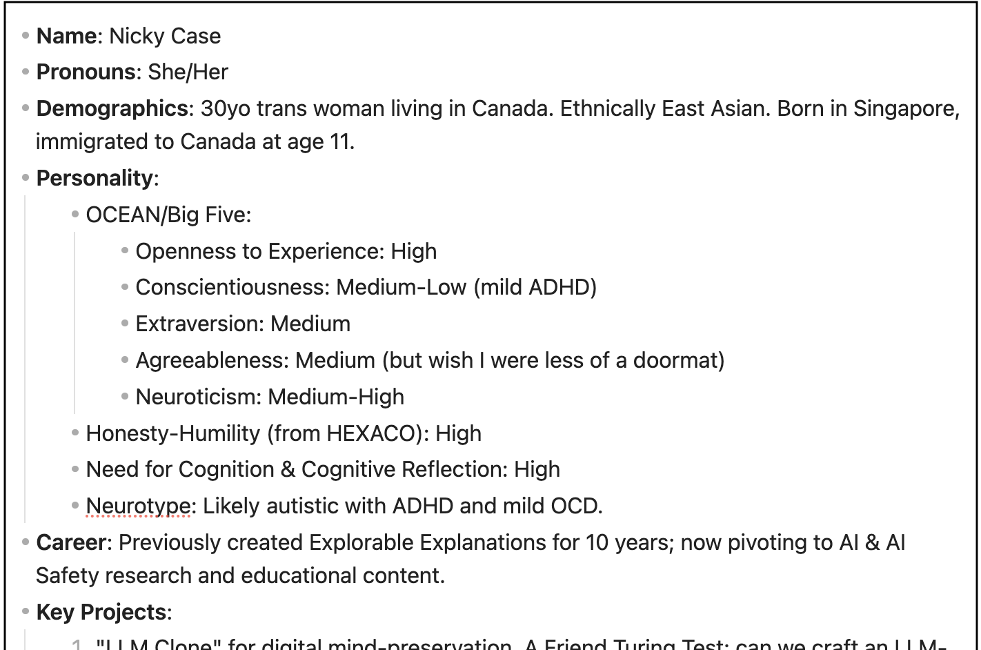 Screenshot of my "About Me" text file, including my name, demographics, personality, etc