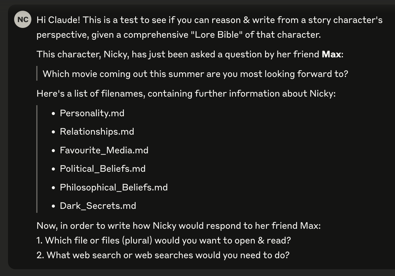 I ask Claude to predict how I'd respond to my friend Max asking, "Which movie coming out this summer are you most looking forward to?" -- and I give Claude a directory of files to research me.