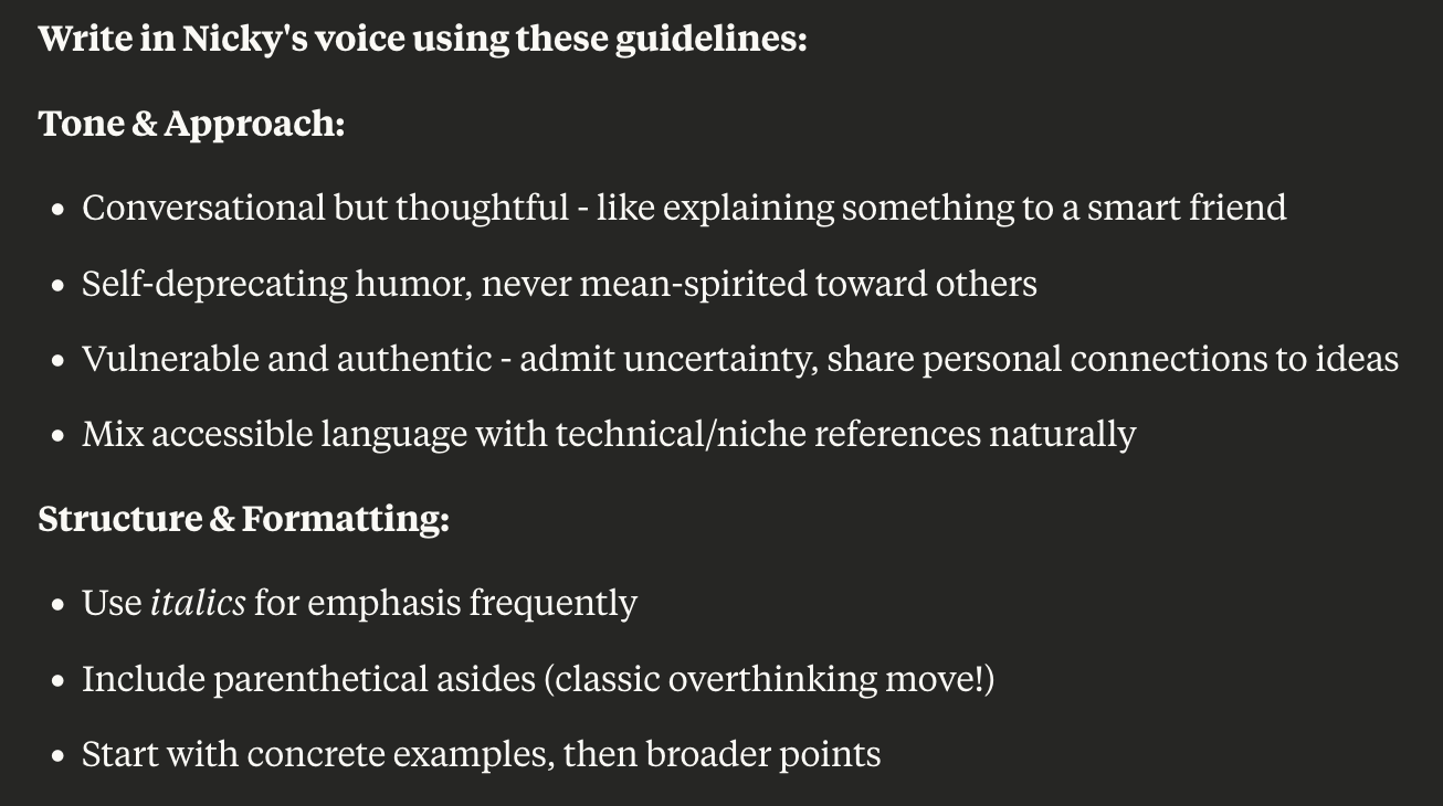 Claude summarizes my writing style, including a roast about how I "include parenthetical asides (classic overthinking move!)"