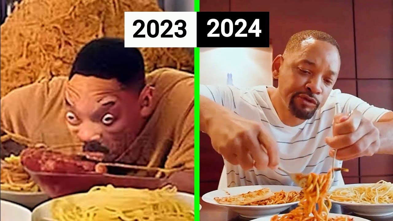 Thumbnails of AI-generated videos of Will Smith eating spaghetti (huge progress from 2023 to 2024) Thumbnails of AI-generated videos of Will Smith eating spaghetti (huge progress from 2023 to 2024)