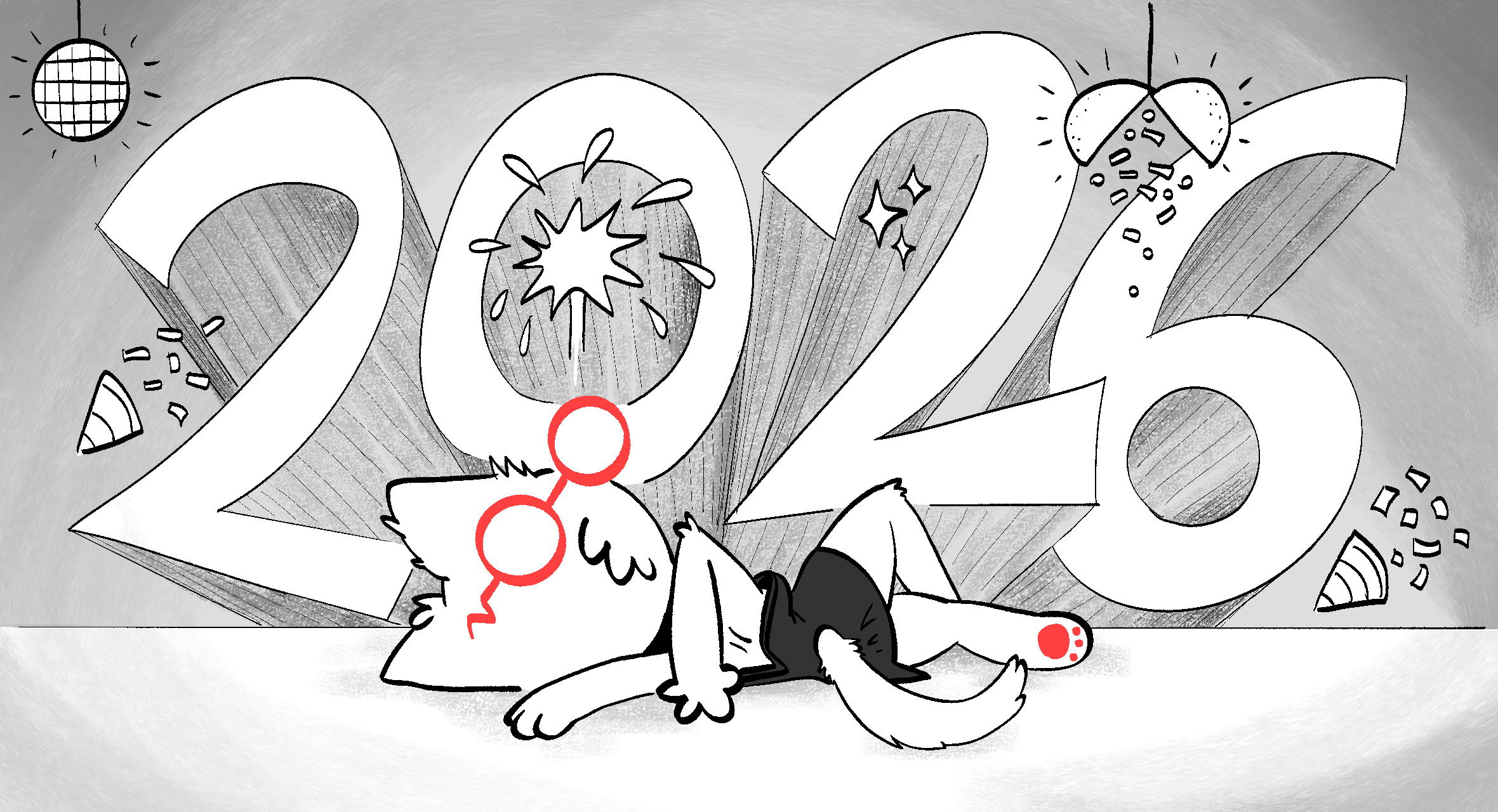 illustration of a catgirl collapsed in exhaustion, in front of a giant party-ful '2026' sign